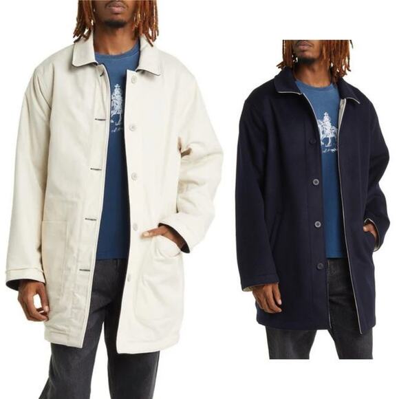 ONE OF THESE DAYS Austin Wool Reversible Trench Coat Navy/Stone XL NWT $1240 - Picture 1 of 12